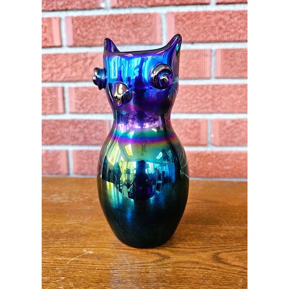 Gibson Cobalt Blue Carnival Glass Owl Vase - Picture 1 of 9